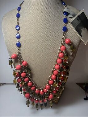 Anthropologie Coral & Cobalt Beaded Fringe Necklace